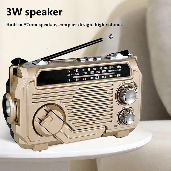 Solar powered emergency weather radio, essential outdoor gear for camping & disaster preparedness.