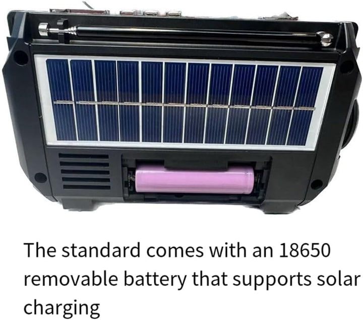 Versatile portable emergency radio: solar, crank, flashlight, and power bank for all situations.
