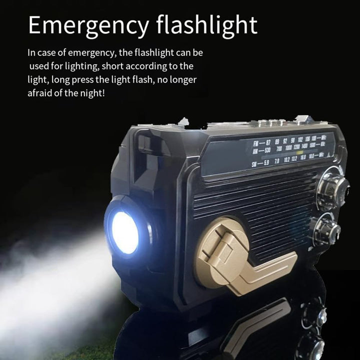 Survival emergency radio: solar, crank, flashlight, power bank. Your essential outdoor preparedness tool.