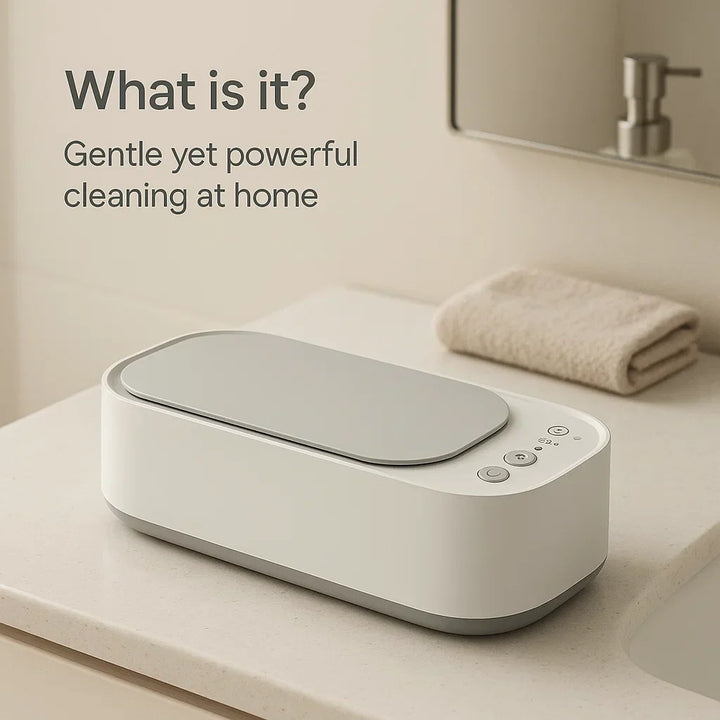 Efficient ultrasonic cleaner providing delicate cleaning for jewelry, glasses & watches. Restores sparkle safely.
