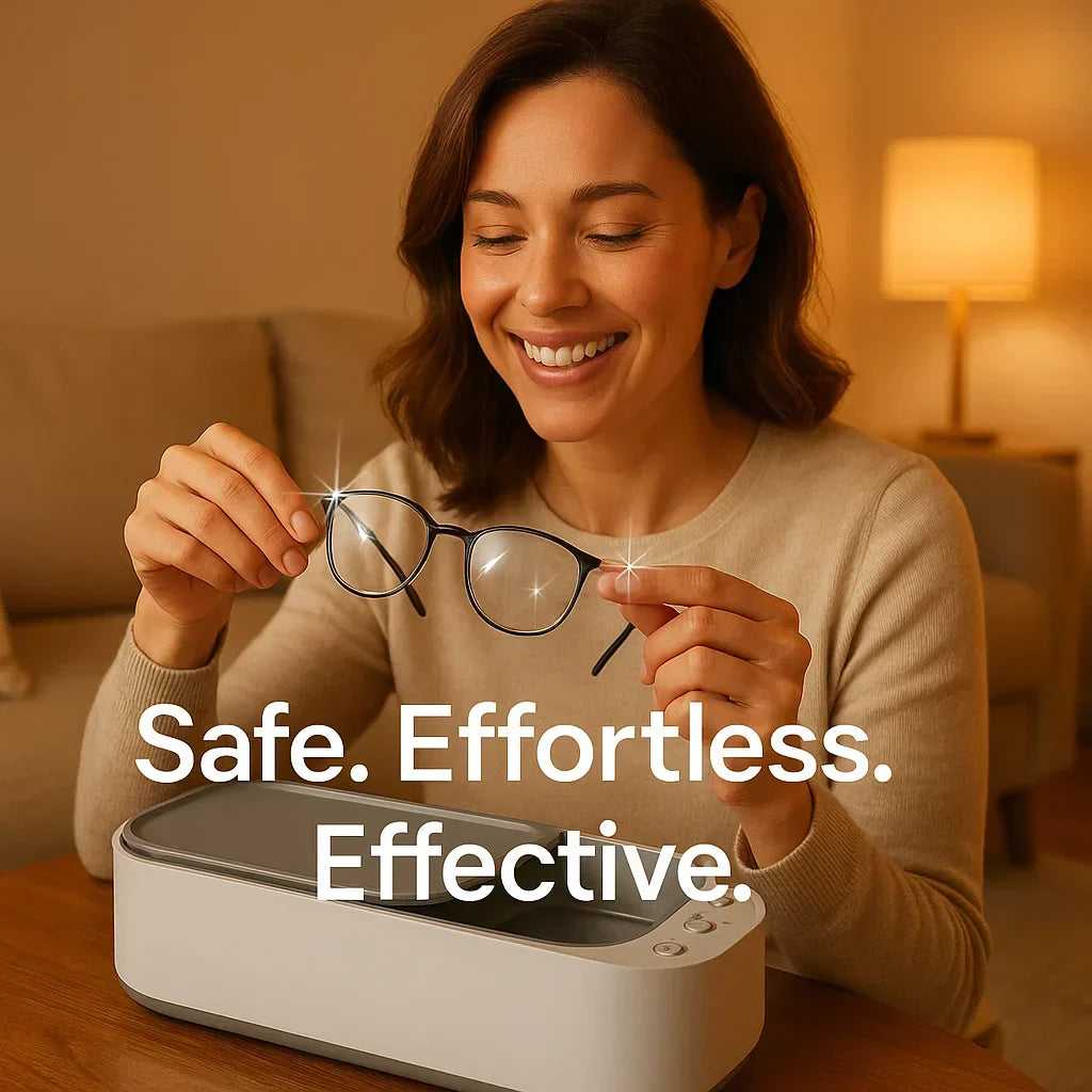 Sleek, portable ultrasonic cleaner using advanced tech for deep cleaning jewelry, glasses & watches at home.