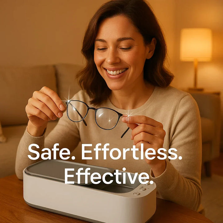Sleek, portable ultrasonic cleaner using advanced tech for deep cleaning jewelry, glasses & watches at home.