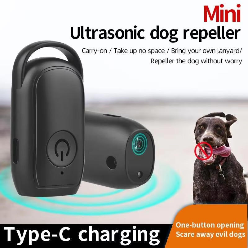Portable ultrasonic dog deterrent, a safe animal repellent device for pet safety, training, and personal protection.