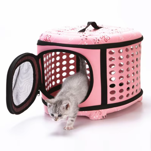 Compact ventilated cat carrier bag for stress-free travel, featuring mesh windows.