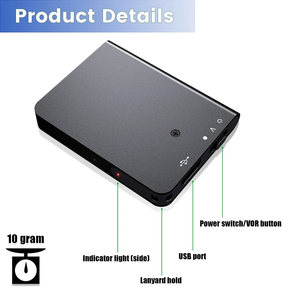 Sleek, discreet voice activated audio recorder. Easy to use for interviews, lectures, or personal notes.