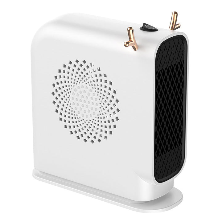 Compact white personal electric heater with modern design, ideal for women's desks & cozy warmth. Portable room warmer.