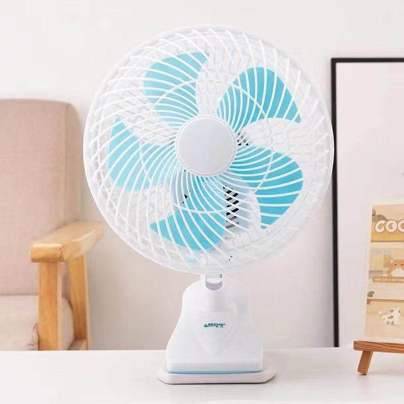 Sleek white portable desk fan showing control button for adjustable speed and personal comfort.