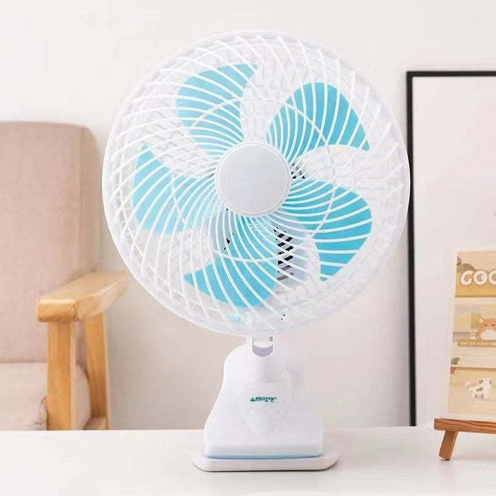 Sleek white portable desk fan showing control button for adjustable speed and personal comfort.