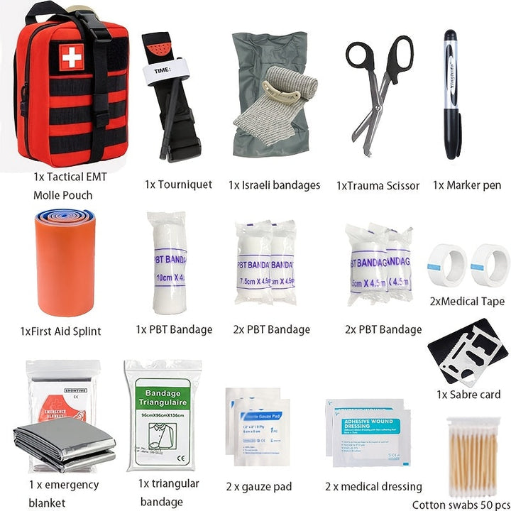 Travel safety emergency kit with a durable tourniquet and comprehensive supplies.