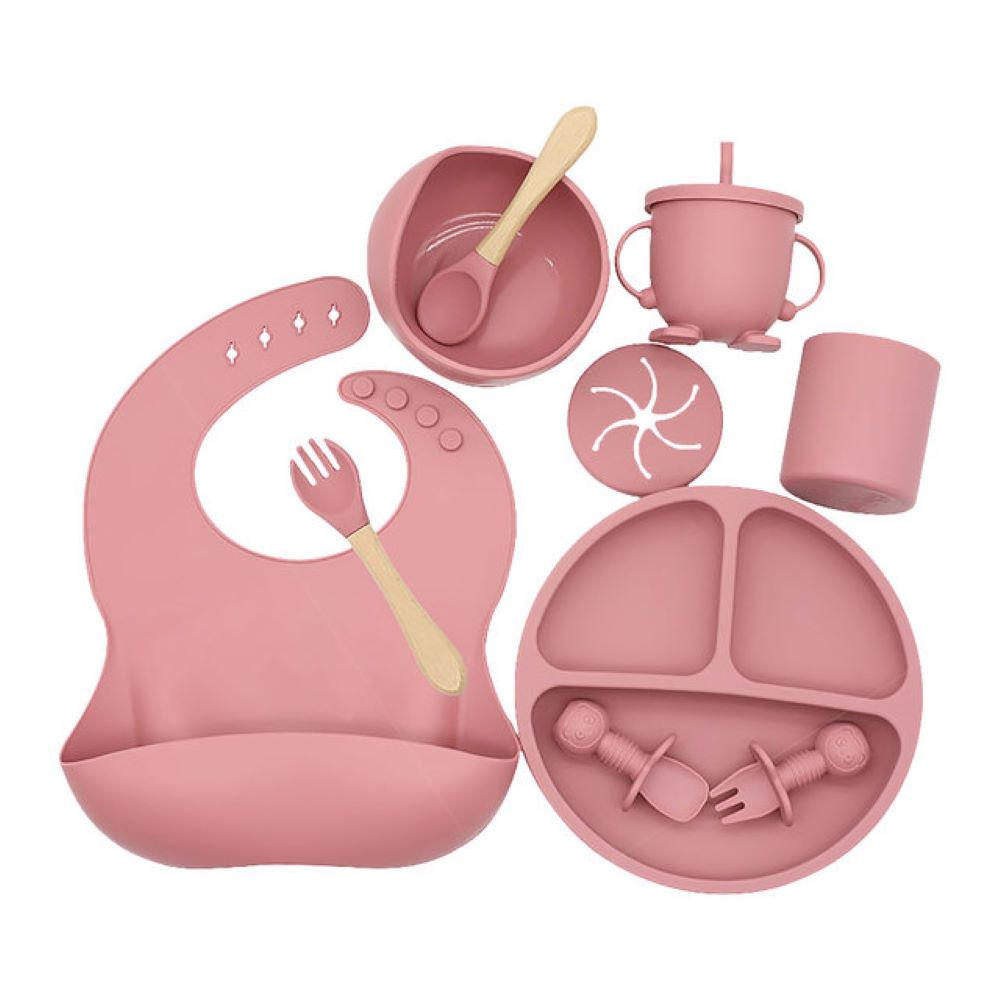 Complete silicone baby feeding set with bib, plate, spoon, fork, and sippy cup