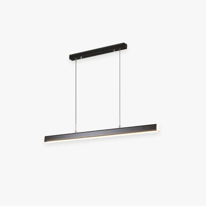 Contemporary black linear LED pendant light for modern kitchen island illumination.