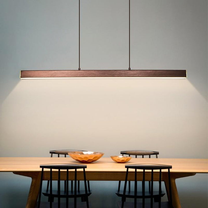 Dimmable brown linear LED pendant, modern lighting for any contemporary space.