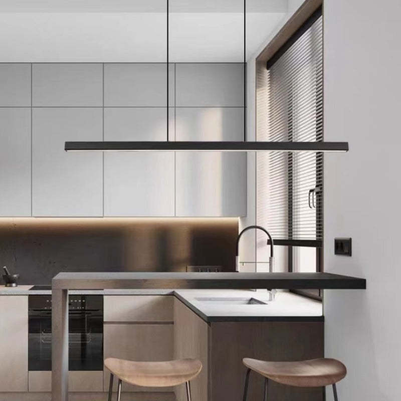 Stylish black linear LED pendant light, contemporary addition to modern homes.
