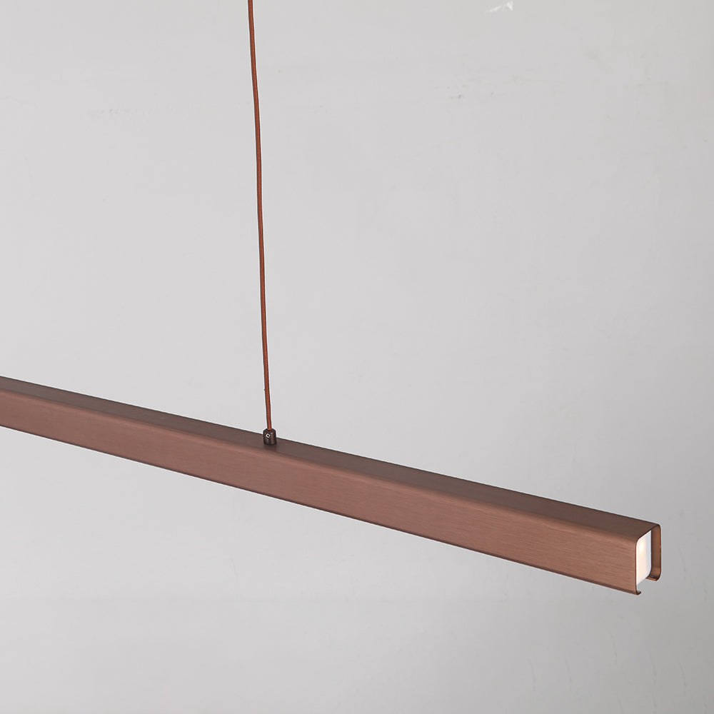 Brown linear LED ceiling fixture, dimmable for adjustable contemporary home lighting.