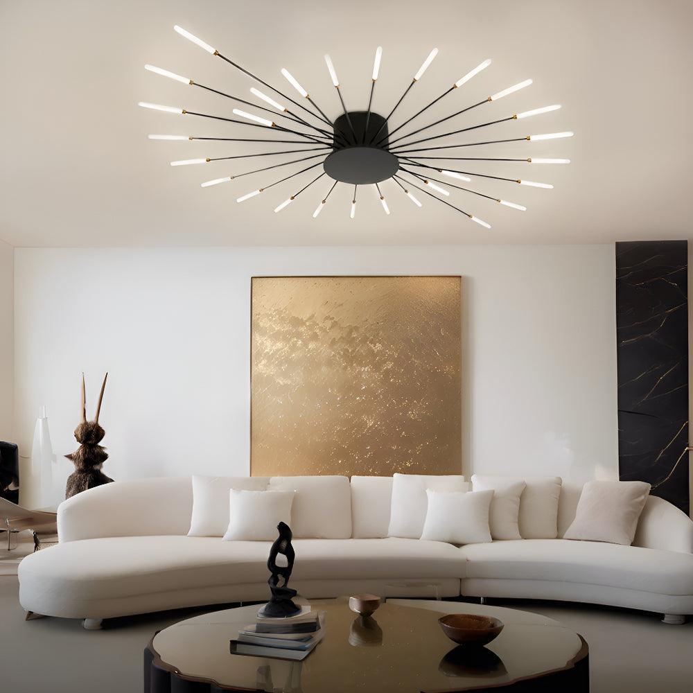 Contemporary LED ceiling light with swirling firework design, perfect for modern home decor.