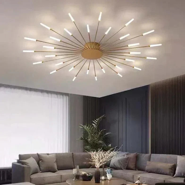 Dimmable LED ceiling light fixture, energy-efficient with a unique swirling firework design.