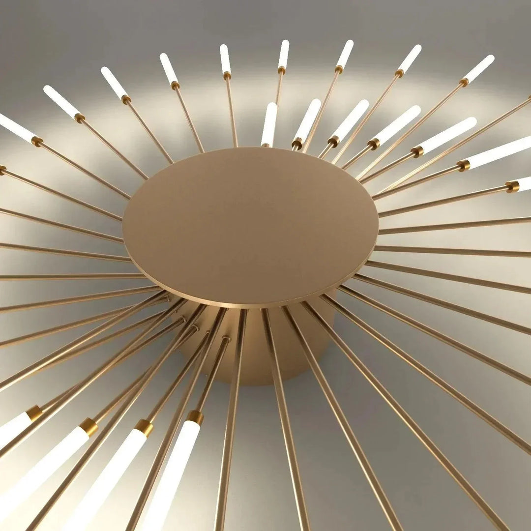 Close-up of swirling firework design on a modern LED ceiling light fixture, illuminating home spaces.