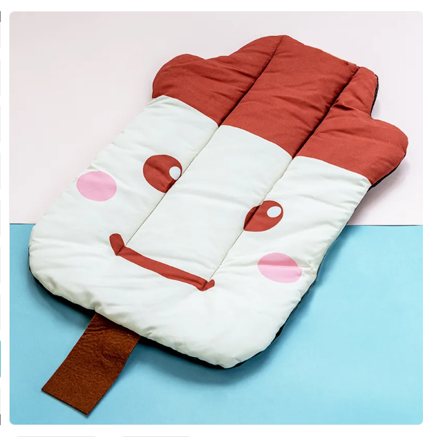 Cooling dog & cat bed mat, cute fruit pattern. Washable for summer heat relief & ultimate pet comfort.