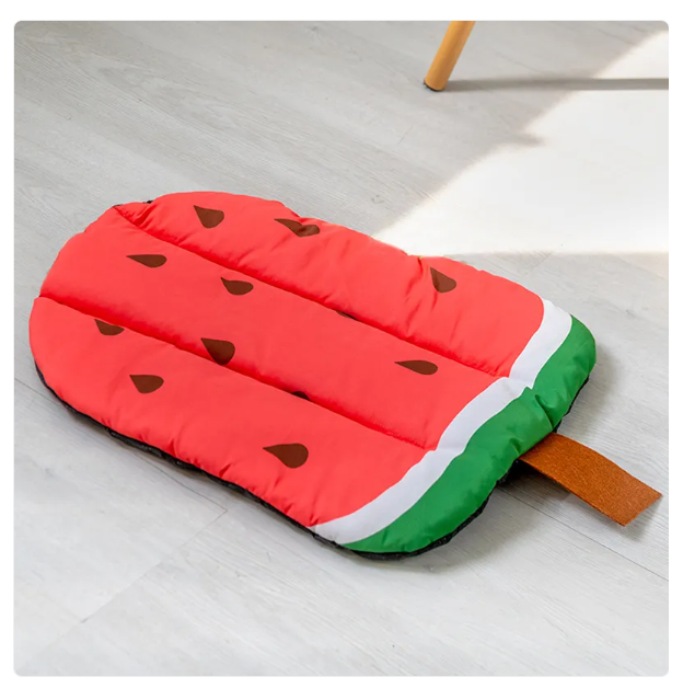 Soft cooling pet mat for dogs & cats with playful fruit & ice cream designs. Offers summer comfort & heat relief.