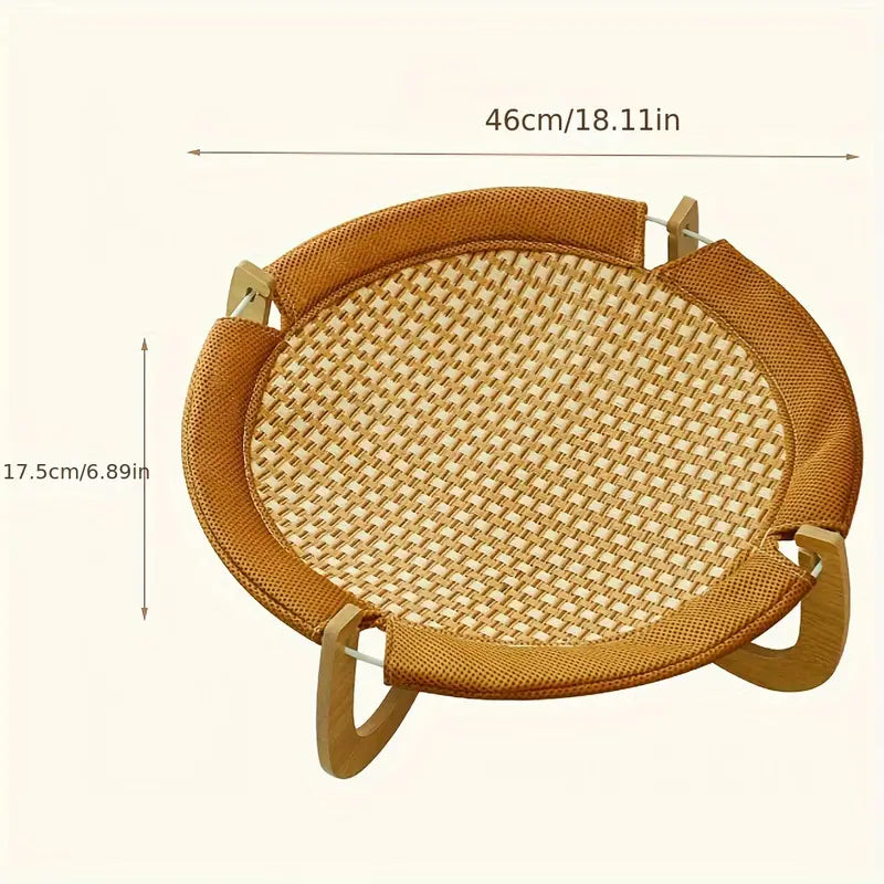 Stylish rattan cat bed, a hanging cooling mat and breathable pet furniture for your cat's summer comfort.