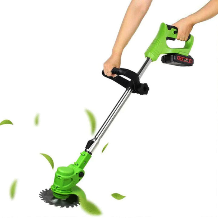 Close-up of the cutting head on a cordless electric grass trimmer for precise trimming.