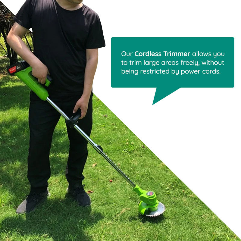 Full view of the cordless electric grass trimmer, ready for comprehensive yard work.