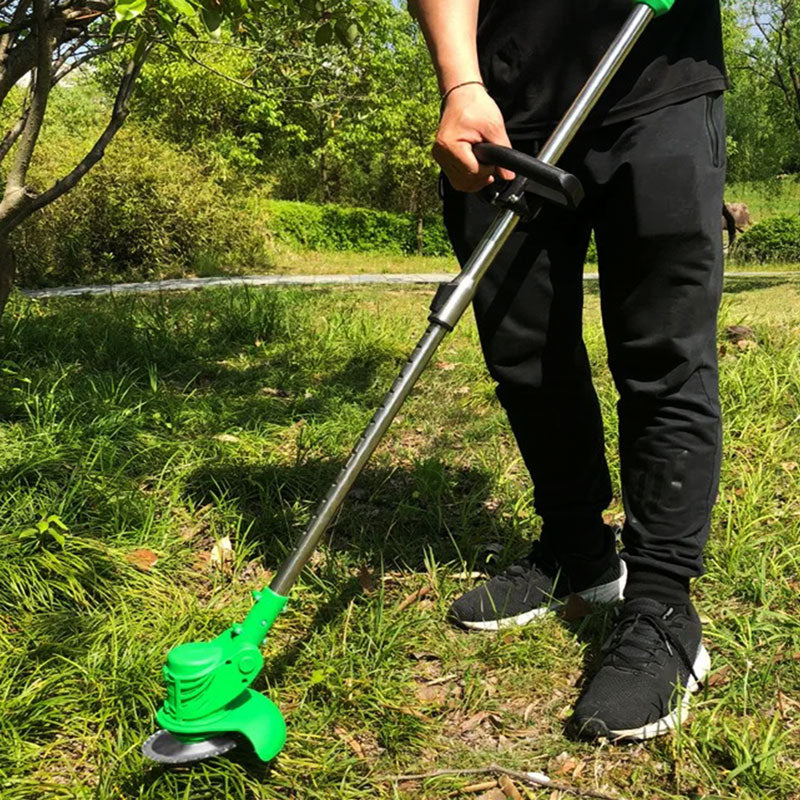 Adjustable cordless electric grass trimmer for customizable and comfortable lawn care tasks.
