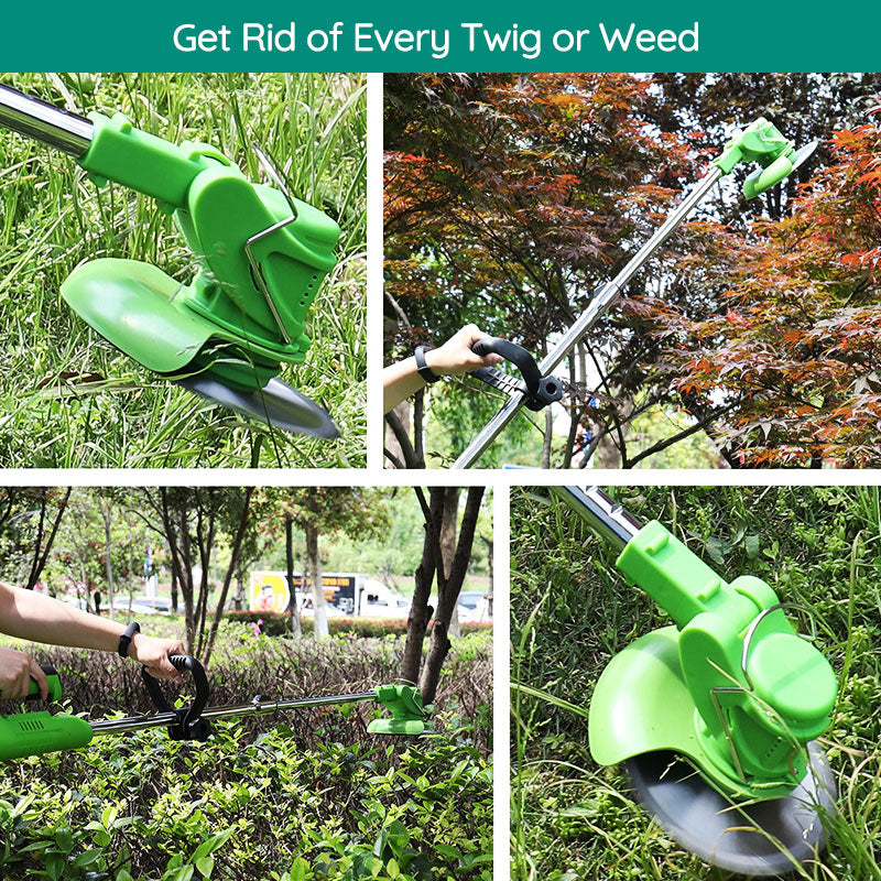 Compact cordless grass trimmer, easy to store and transport for various garden projects.