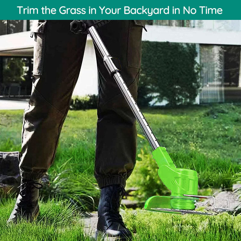 Person demonstrating comfortable grip of the cordless electric grass trimmer during use.