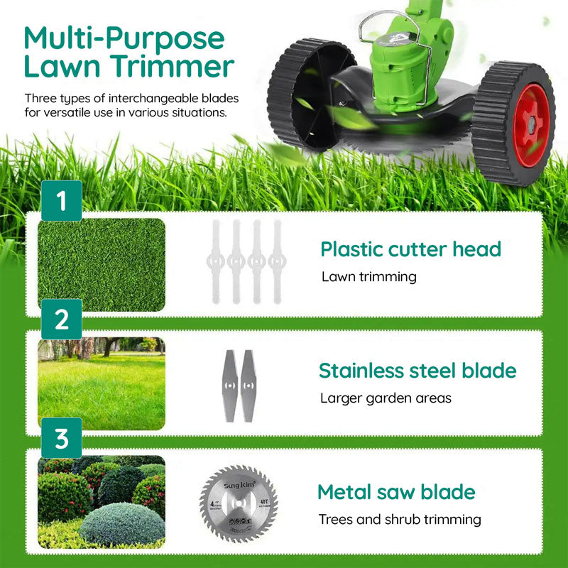 Cordless electric grass trimmer with included battery and charger for immediate yard tasks.