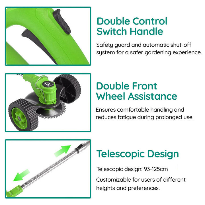 Rechargeable cordless grass trimmer offering freedom of movement for garden tasks.