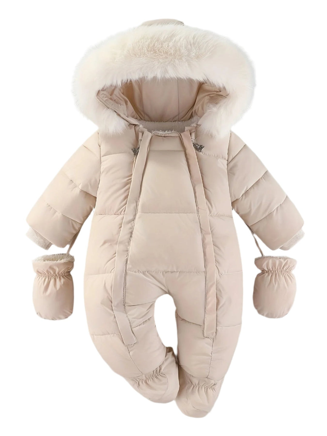 Cozy baby winter romper with attached hood for warmth.