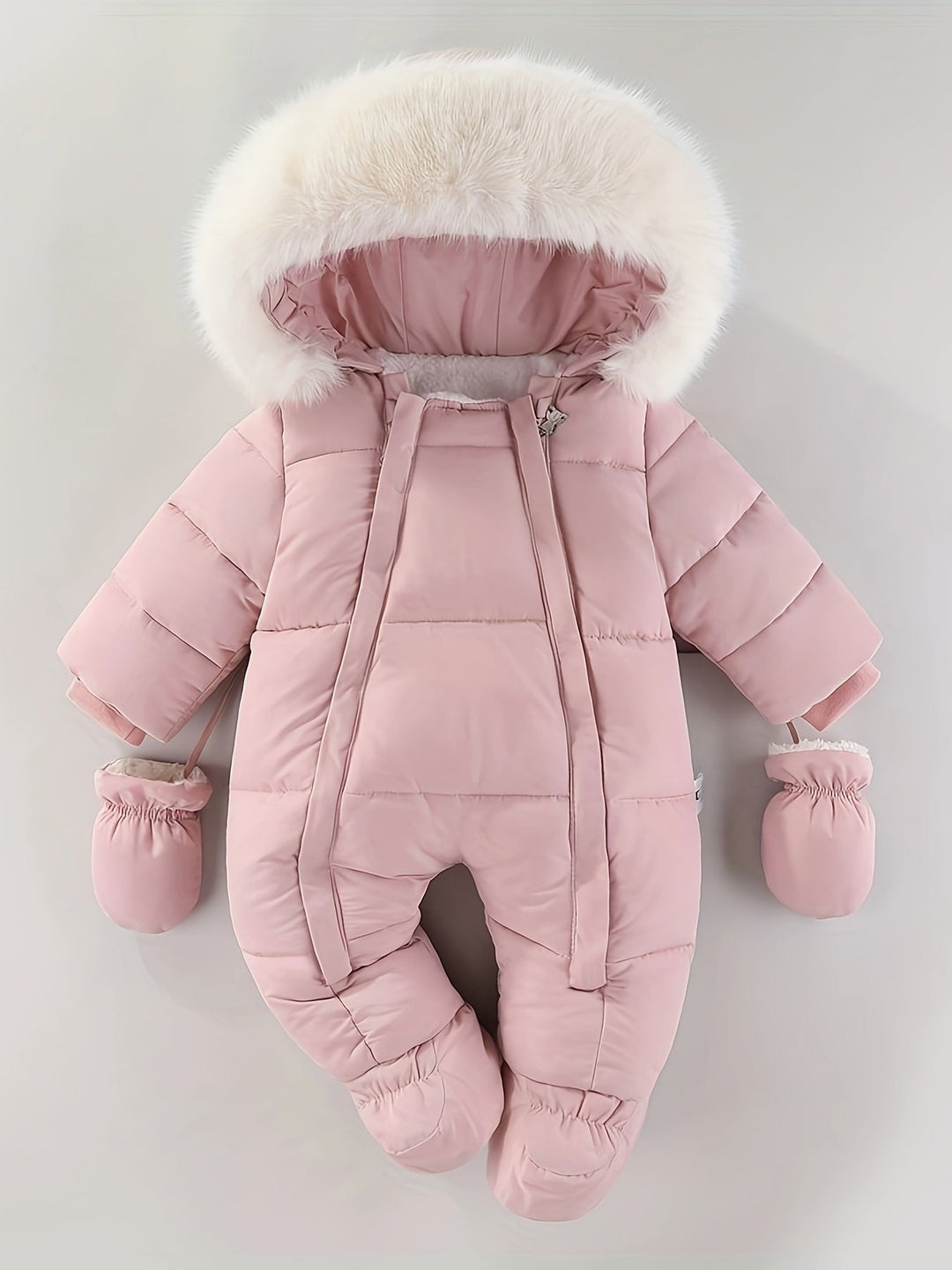 Luxe hooded jumpsuit for infants, perfect for cold weather.