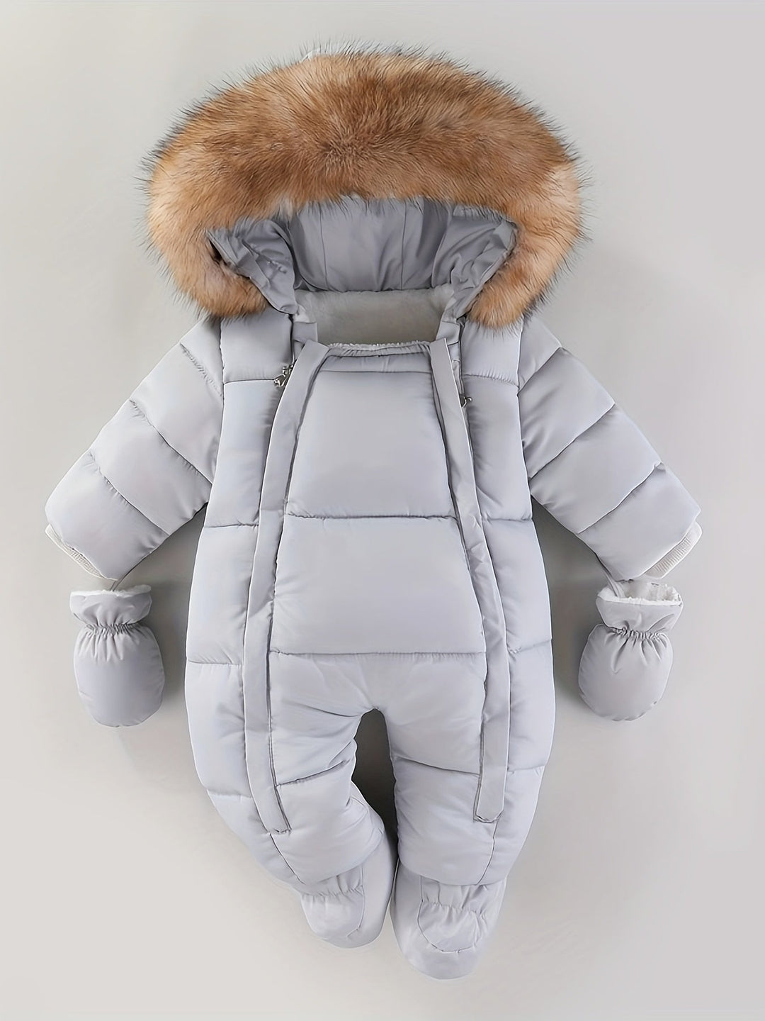 Baby winter romper with hood, a soft and cozy jumpsuit.
