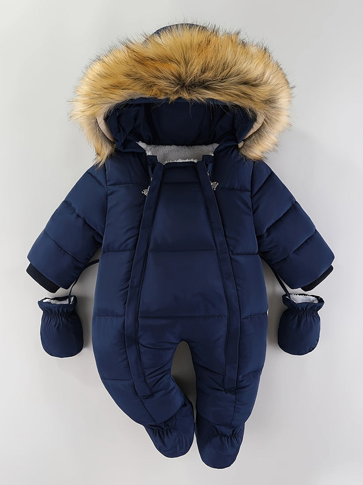 Infant snowsuit style romper, ideal baby outerwear.