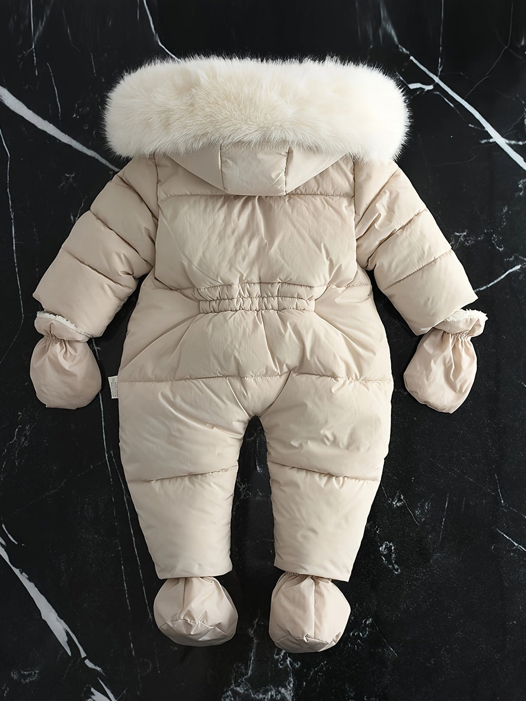 Warm hooded romper for babies, cute cold weather gear.
