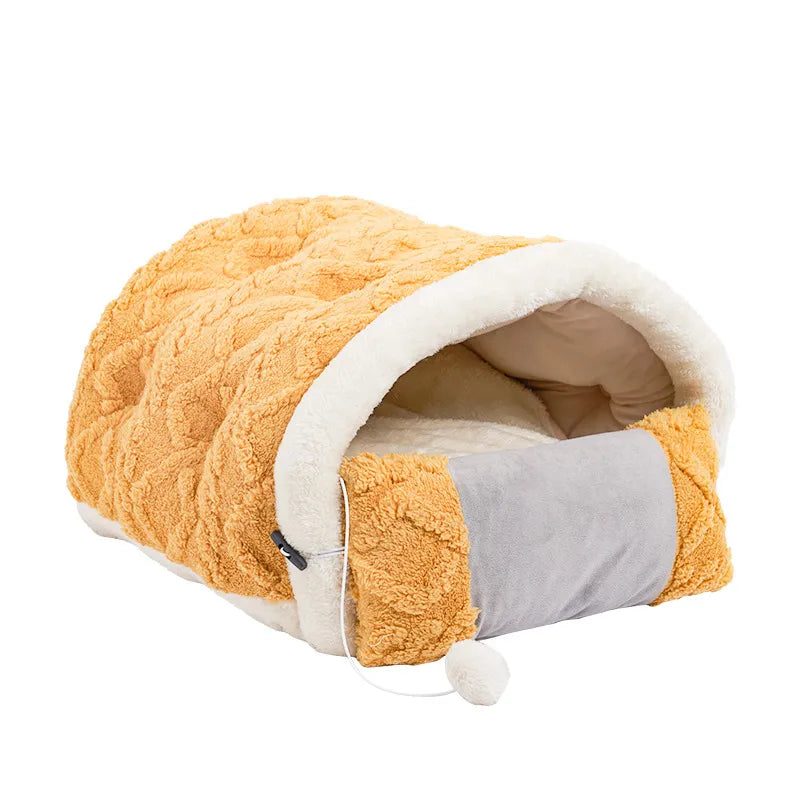 Premium pet accessories: plush cat bed with a comfortable sleeping surface and built-in toy.