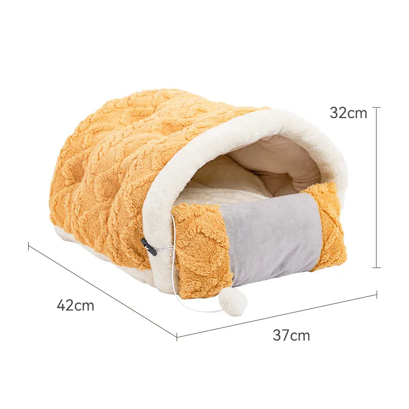 Comfortable cat bed with a soft cushion or sleeping pad style, includes a fun cat toy for pets.