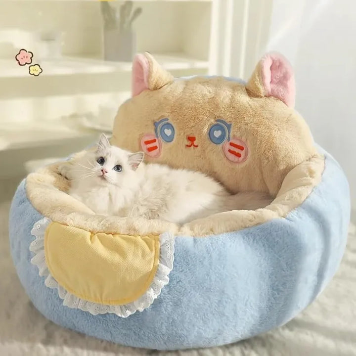 Cozy cat bed with an adorable cute design, perfect for small pets & feline friends. Soft & comfortable pet haven.