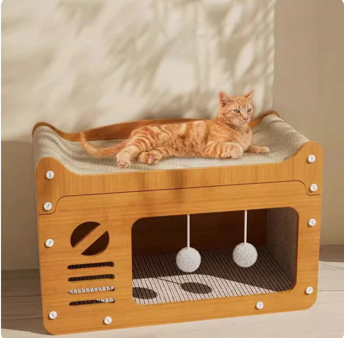 Cozy cat house with a built-in scratching post and plush play area for ultimate feline comfort.