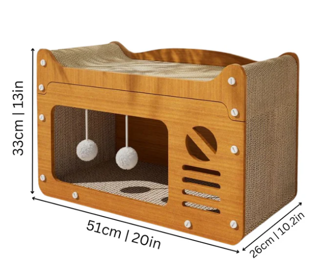 Modern pet furniture cat house featuring a durable scratching post and a comfy, enclosed cat bed.