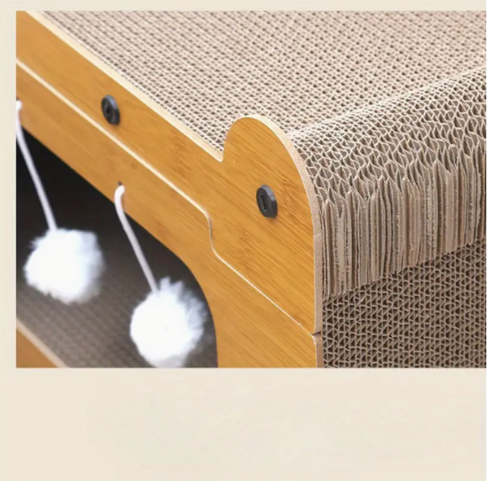 Feline-friendly pet supplies: a multi-level cat house with a scratching post and a snug pet bed.