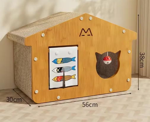 Functional cat scratcher and cozy cat bed combo within a compact pet furniture cat house.