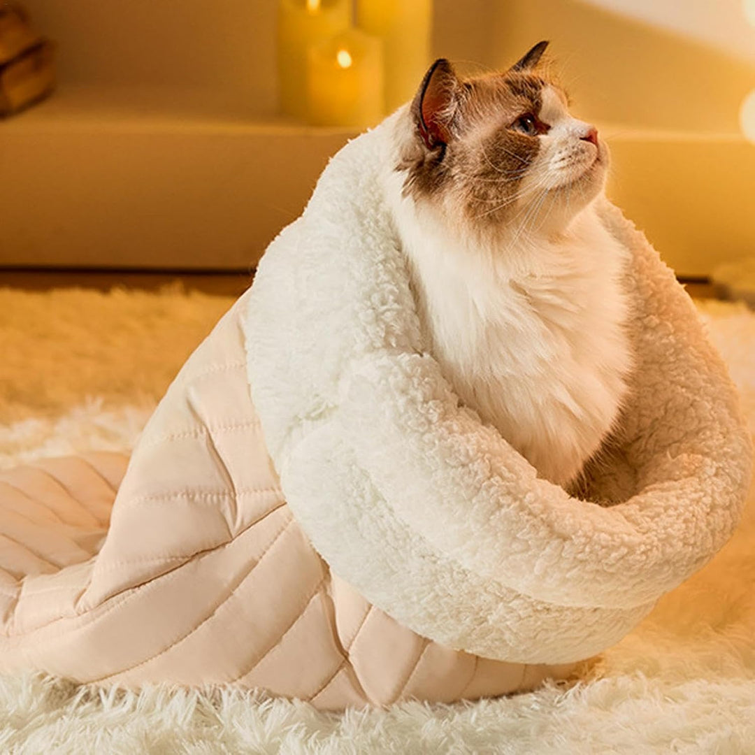 Cozy cat sleeping bag, plush pet bed for ultimate feline comfort.