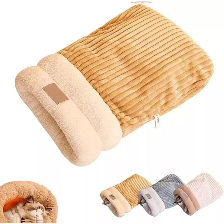 Washable plush cat bed, a cozy sleeping bag & pet hideaway, ensuring feline happiness.