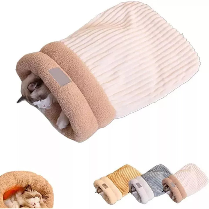 Ultra-soft cat sleeping bag, a warm and inviting plush pet bed, perfect for cozy feline naps.