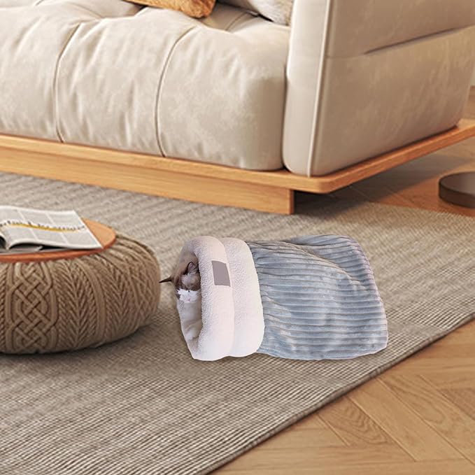 Plush cat bed for deep sleep, a warm and cozy pet sleeping bag perfect for feline relaxation.