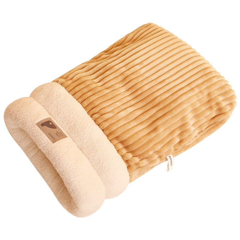 Washable plush cat sleeping bag, a soft and clean pet bed for hygienic feline comfort.