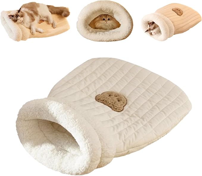 Warm cat sleeping bag, super cozy plush pet bed, ideal for felines seeking warmth & comfort.