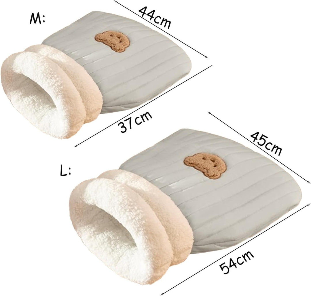 Cozy cat hideaway bed, a plush sleeping bag providing secure comfort for any feline pet.
